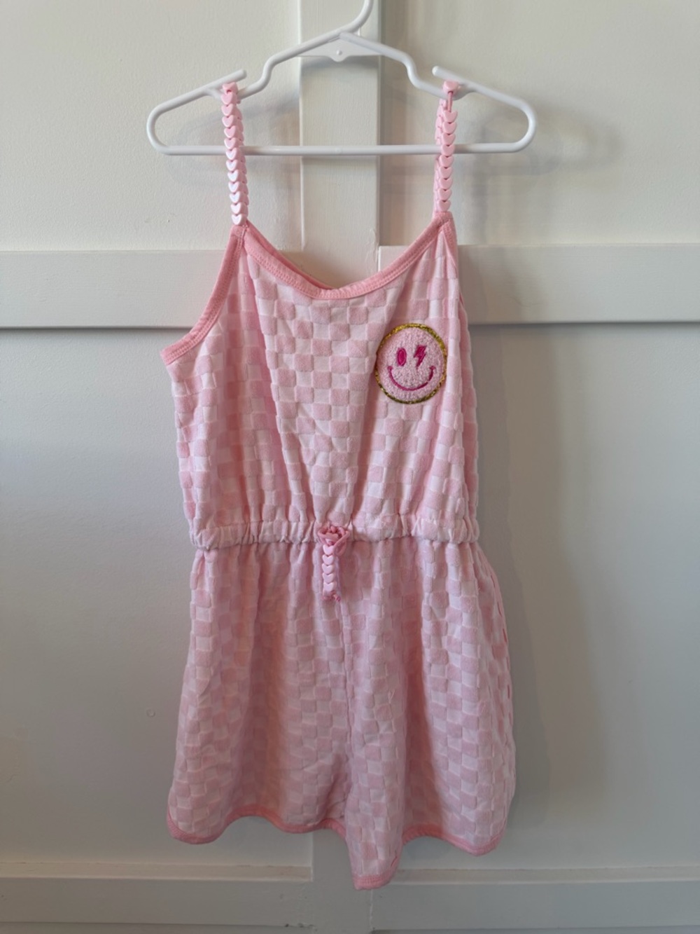 Lola and Boys Pink Check Terry Romper with Smiley Patch - girls size 12